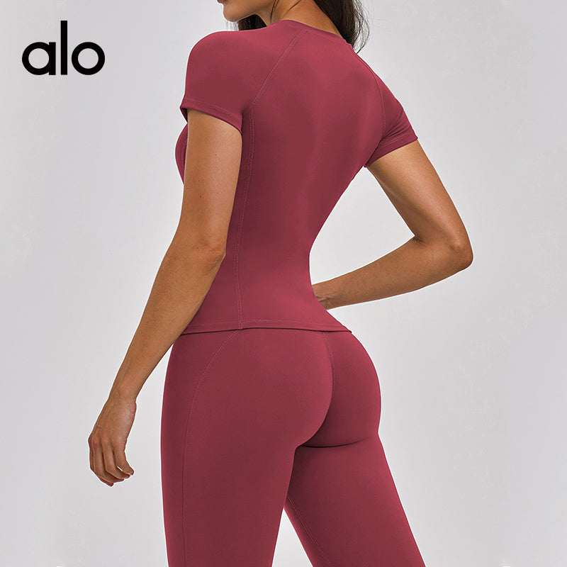 Aloyoga Brushed Round-neck Tight-Fitting T-Shirt for Outdoor Sports, Running, Fitness and Yoga