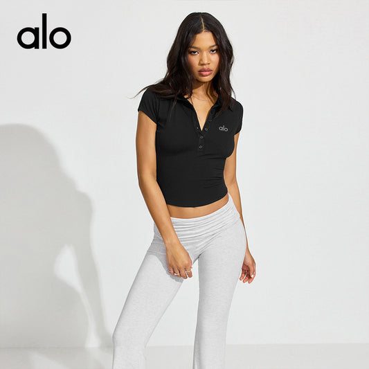 Alo Yoga Nude-skin Feel Lapel Button Short Sleeve, Slim Waist Tight Versatile Fitness Top